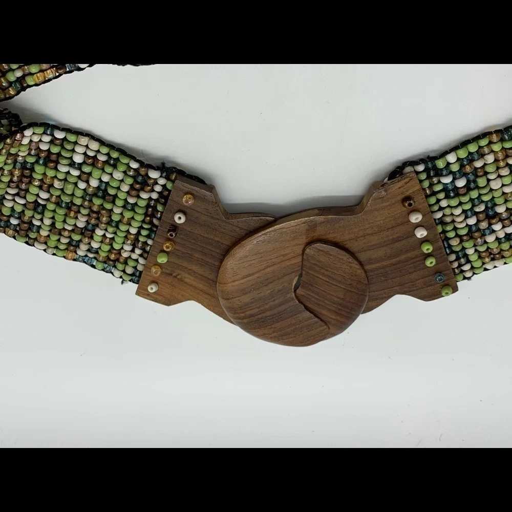 Belt - Handcrafted Beaded 2” Wide Elastic Belt Wood Hook Clasp‌‌‌‌‌‌‌‌‌ - Picture 2 of 6